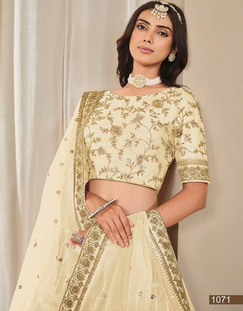 Cream Art Silk Embroidered Semi Stitched Lehenga Choli Size Up To 42