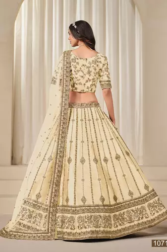 Cream Art Silk Embroidered Semi Stitched Lehenga Choli Size Up To 42