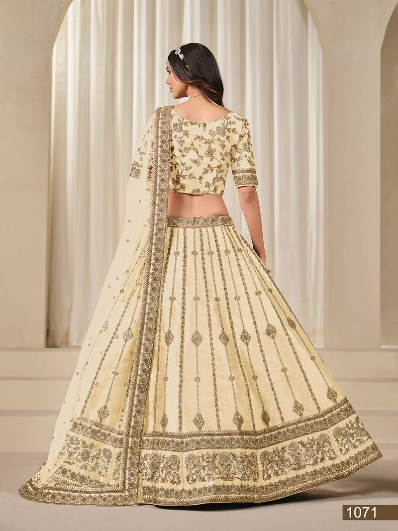 Cream Art Silk Embroidered Semi Stitched Lehenga Choli Size Up To 42