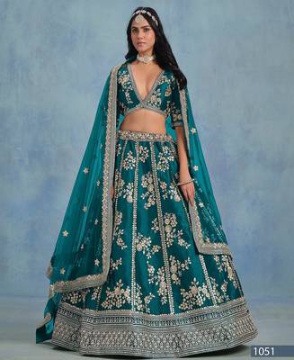Green Art Silk Embroidered Semi Stitched Lehenga Choli Size Up To 42 1