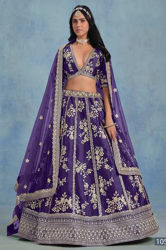 Violet Art Silk Embroidered Semi Stitched Lehenga Choli Size Up To 42