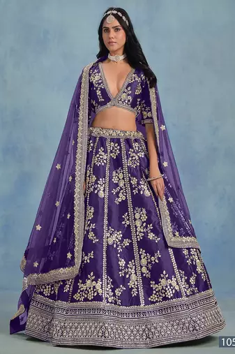 Violet Art Silk Embroidered Semi Stitched Lehenga Choli Size Up To 42