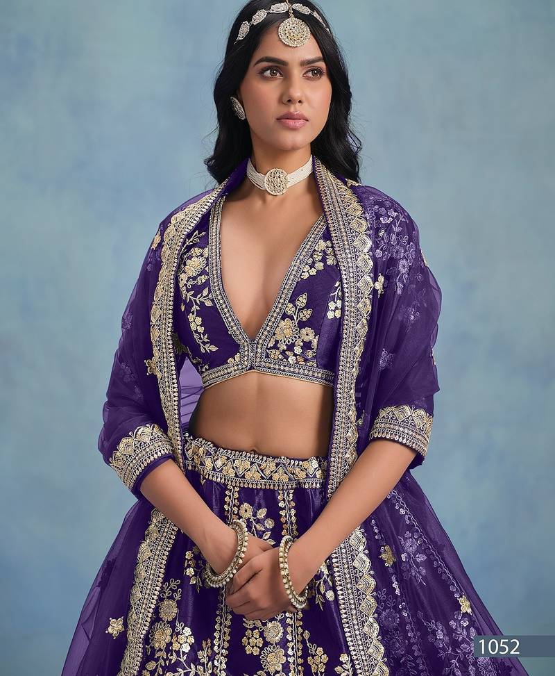 Violet Art Silk Embroidered Semi Stitched Lehenga Choli Size Up To 42