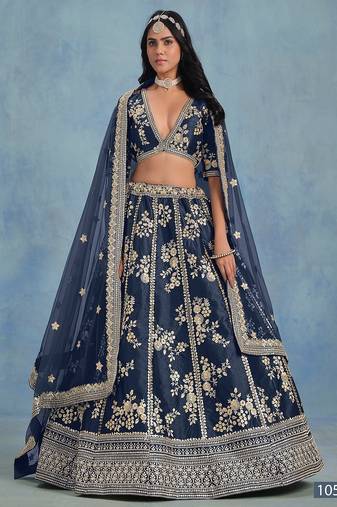 Blue Art Silk Embroidered Semi Stitched Lehenga Choli Size Up To 42