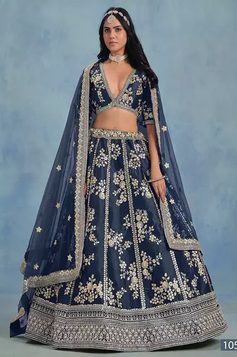 Blue Art Silk Embroidered Semi Stitched Lehenga Choli Size Up To 42