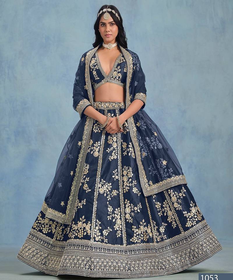 Blue Art Silk Embroidered Semi Stitched Lehenga Choli Size Up To 42