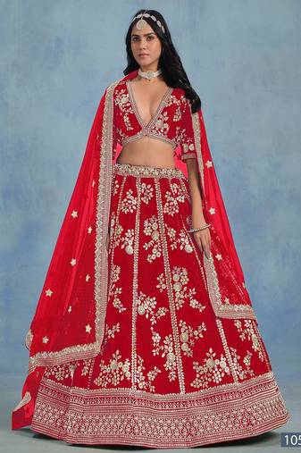 Red Art Silk Embroidered Semi Stitched Lehenga Choli Size Up To 42