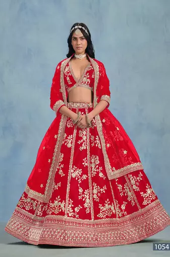 Red Art Silk Embroidered Semi Stitched Lehenga Choli Size Up To 42