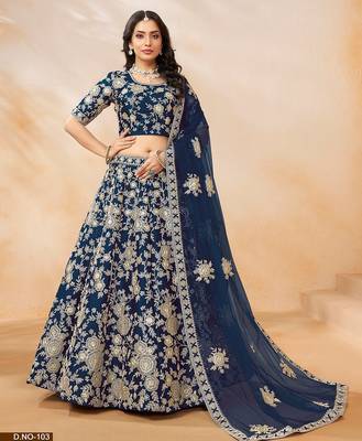 Blue Art Silk Embroidered Semi Stitched Lehenga Choli Size Up To 42 1