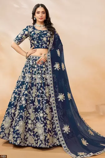 Blue Art Silk Embroidered Semi Stitched Lehenga Choli Size Up To 42