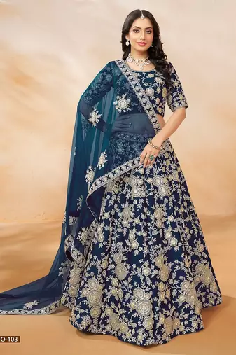 Blue Art Silk Embroidered Semi Stitched Lehenga Choli Size Up To 42