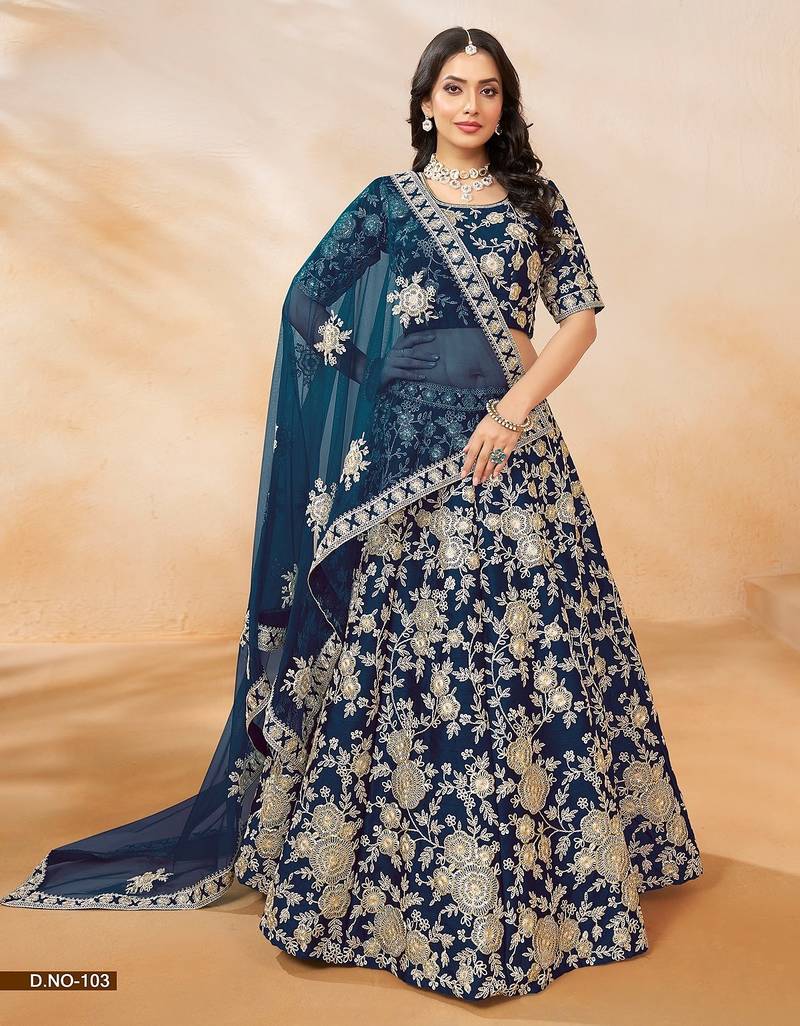 Blue Art Silk Embroidered Semi Stitched Lehenga Choli Size Up To 42