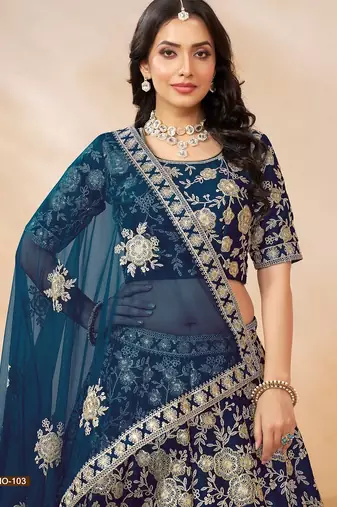 Blue Art Silk Embroidered Semi Stitched Lehenga Choli Size Up To 42