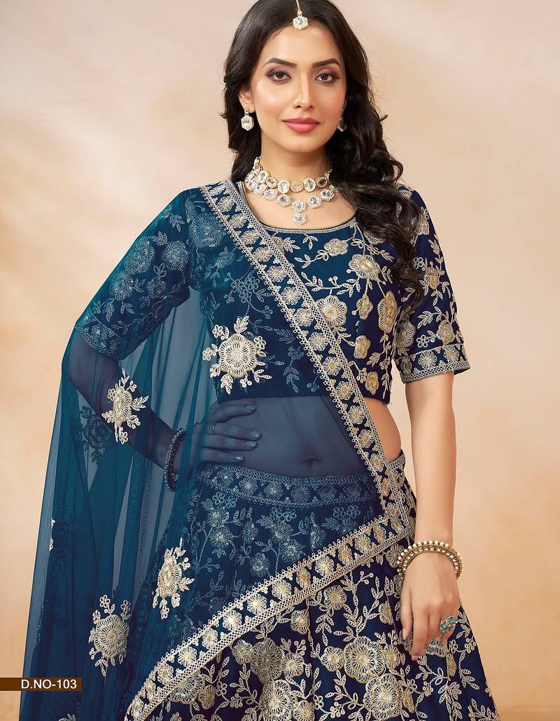 Blue Art Silk Embroidered Semi Stitched Lehenga Choli Size Up To 42
