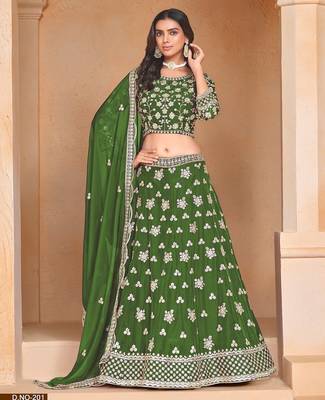 Green Organza Embroidered Semi Stitched Lehenga Choli Size Up To 42 1
