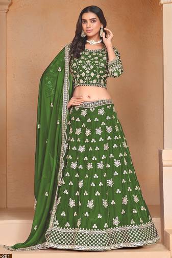 Green Organza Embroidered Semi Stitched Lehenga Choli Size Up To 42