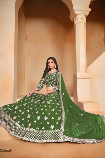 Green Organza Embroidered Semi Stitched Lehenga Choli Size Up To 42