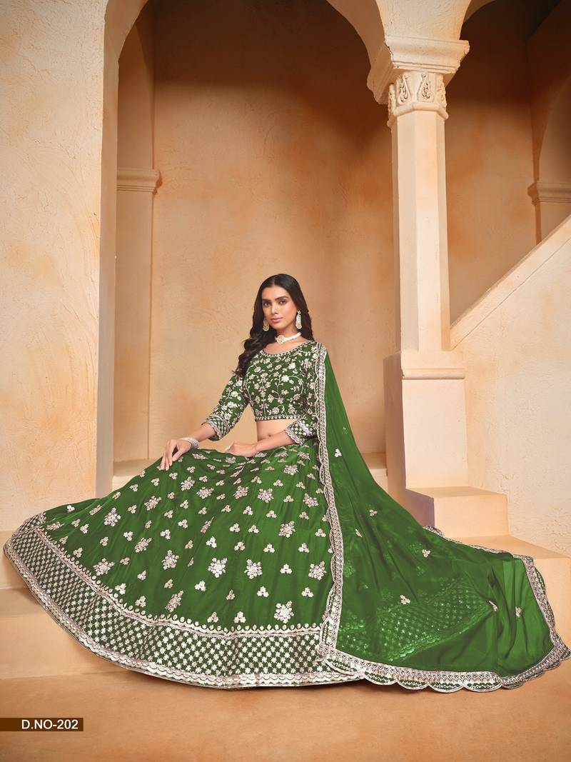 Green Organza Embroidered Semi Stitched Lehenga Choli Size Up To 42