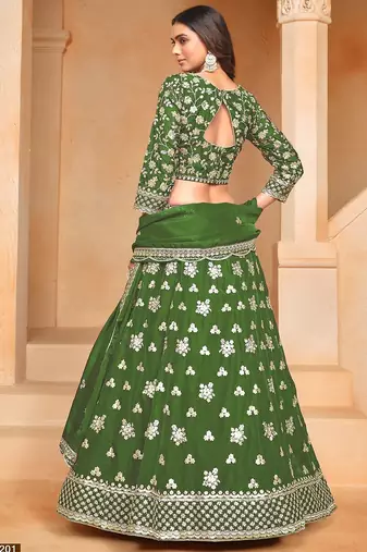 Green Organza Embroidered Semi Stitched Lehenga Choli Size Up To 42