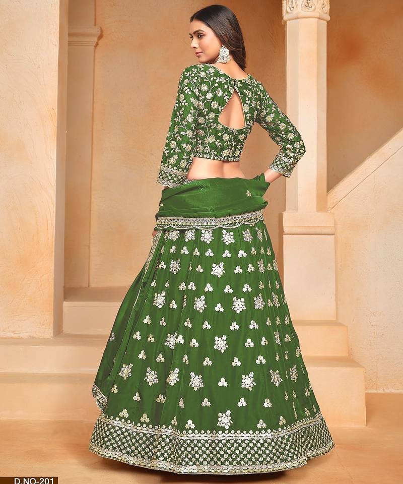 Green Organza Embroidered Semi Stitched Lehenga Choli Size Up To 42