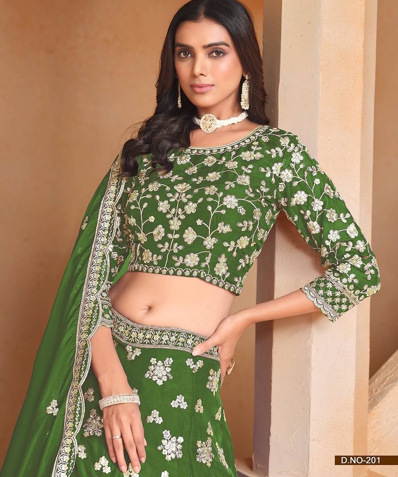 Green Organza Embroidered Semi Stitched Lehenga Choli Size Up To 42