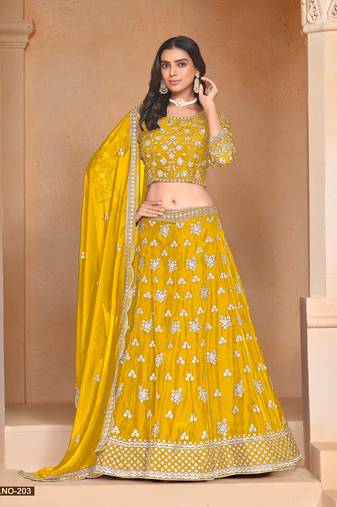 Yellow Organza Embroidered Semi Stitched Lehenga Choli Size Up To 42