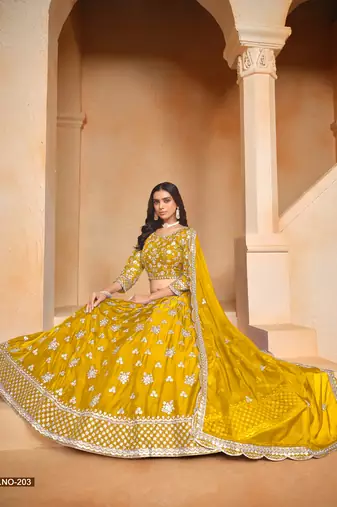 Yellow Organza Embroidered Semi Stitched Lehenga Choli Size Up To 42