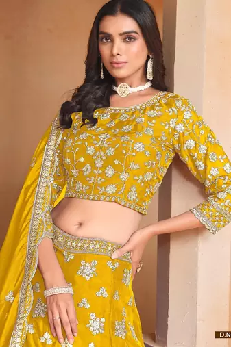 Yellow Organza Embroidered Semi Stitched Lehenga Choli Size Up To 42