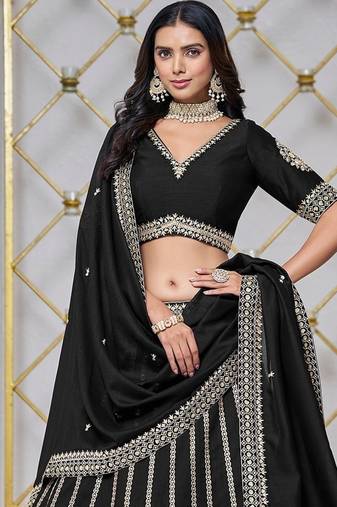 Black Net Embroidered Semi Stitched Lehenga Choli Size Up To 42