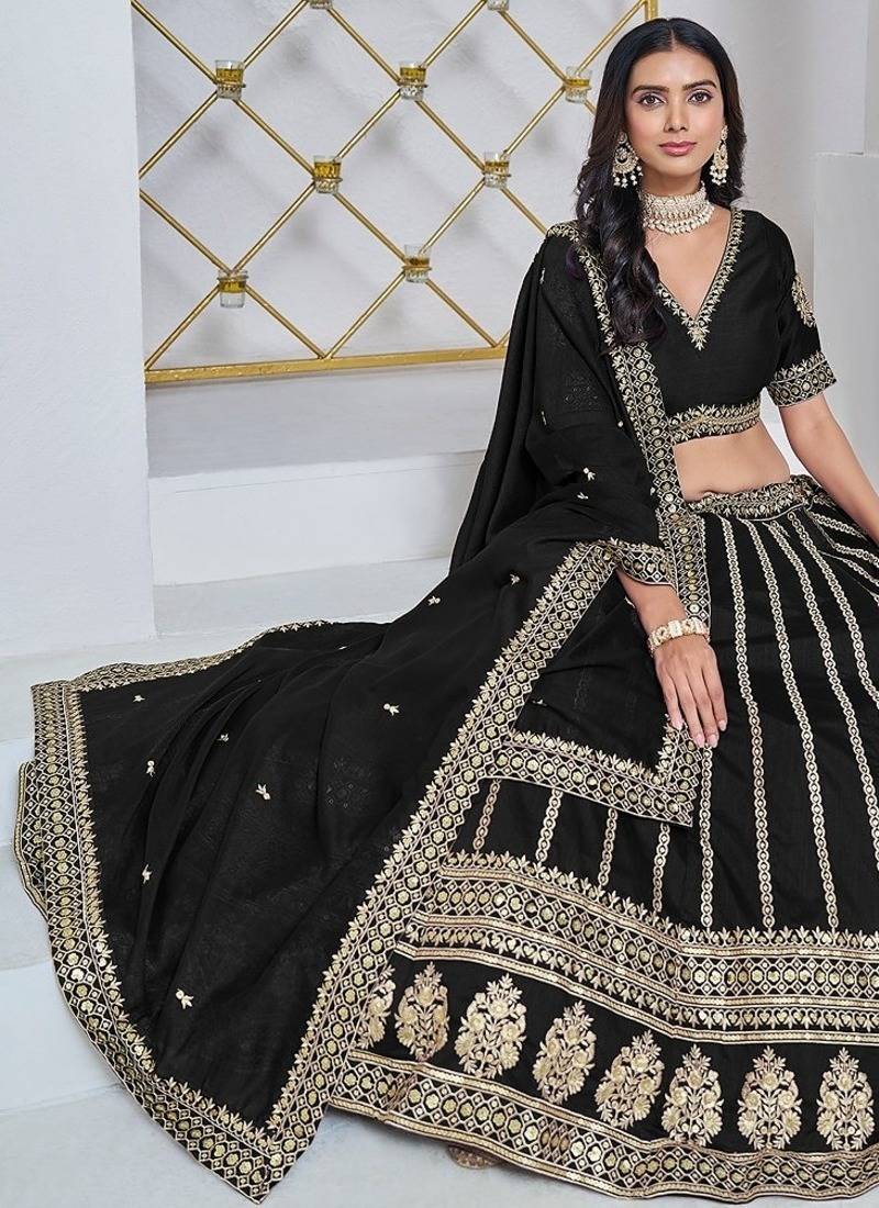 Black Net Embroidered Semi Stitched Lehenga Choli Size Up To 42