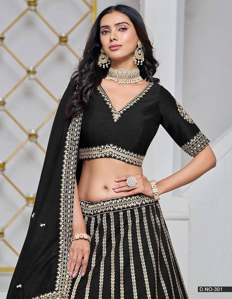 Black Net Embroidered Semi Stitched Lehenga Choli Size Up To 42