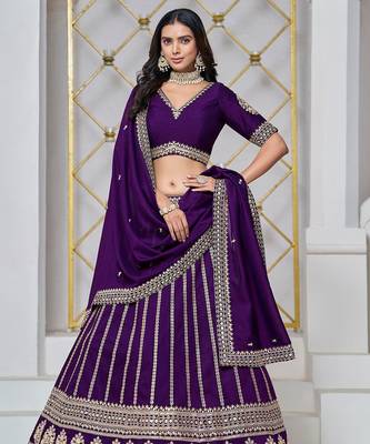 Violet Net Embroidered Semi Stitched Lehenga Choli Size Up To 42 1