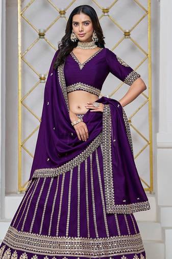 Violet Net Embroidered Semi Stitched Lehenga Choli Size Up To 42