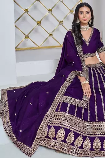 Violet Net Embroidered Semi Stitched Lehenga Choli Size Up To 42