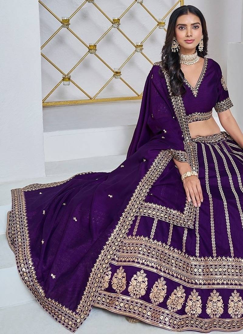 Violet Net Embroidered Semi Stitched Lehenga Choli Size Up To 42