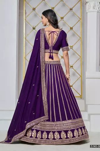 Violet Net Embroidered Semi Stitched Lehenga Choli Size Up To 42