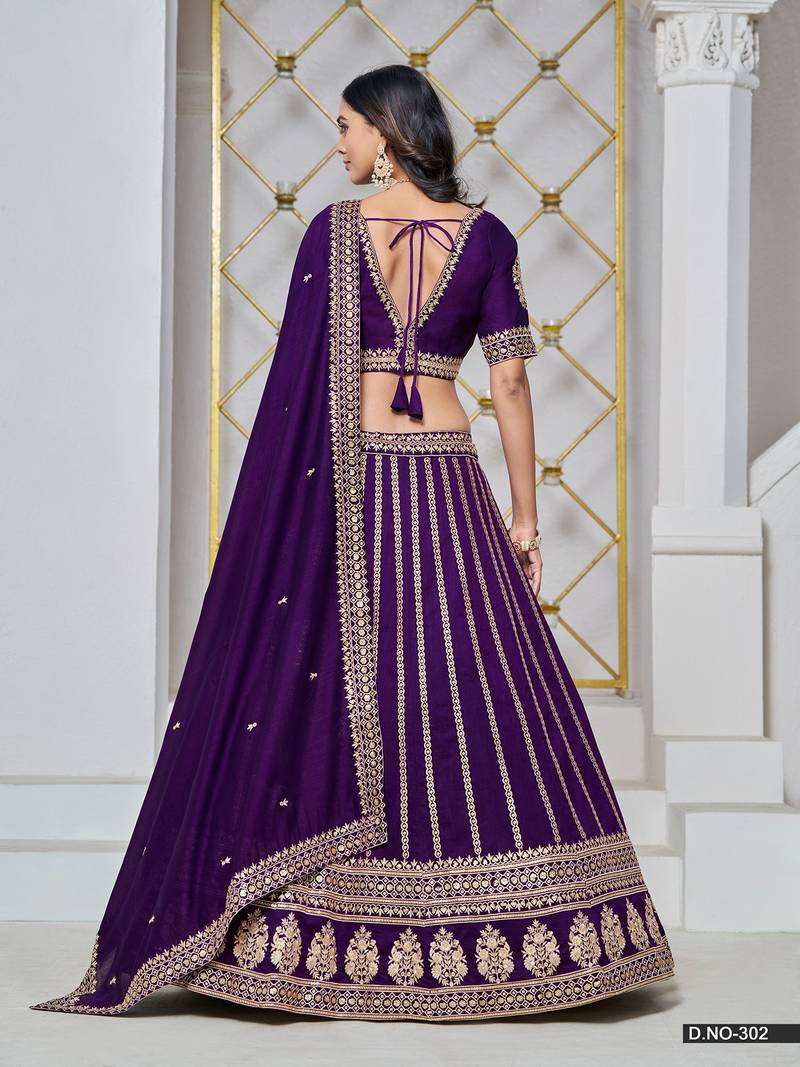 Violet Net Embroidered Semi Stitched Lehenga Choli Size Up To 42