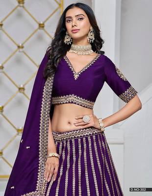 Violet Net Embroidered Semi Stitched Lehenga Choli Size Up To 42 4