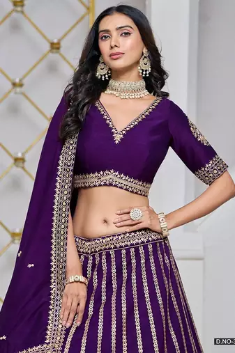 Violet Net Embroidered Semi Stitched Lehenga Choli Size Up To 42