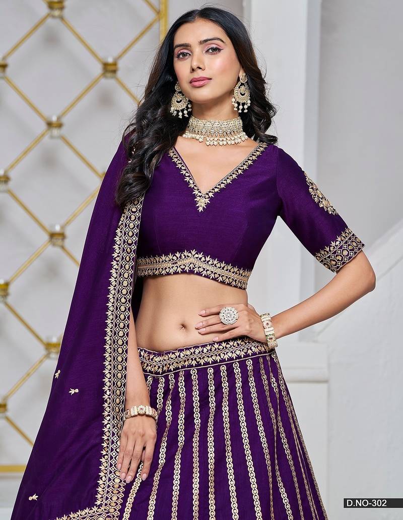 Violet Net Embroidered Semi Stitched Lehenga Choli Size Up To 42