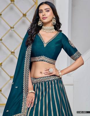Green Net Embroidered Semi Stitched Lehenga Choli Size Up To 42 4
