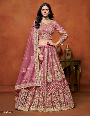 Pink Net Embroidered Semi Stitched Lehenga Choli Size Up To 42 1
