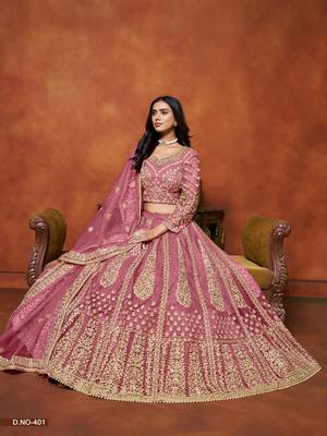 Pink Net Embroidered Semi Stitched Lehenga Choli Size Up To 42 2