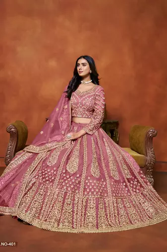 Pink Net Embroidered Semi Stitched Lehenga Choli Size Up To 42