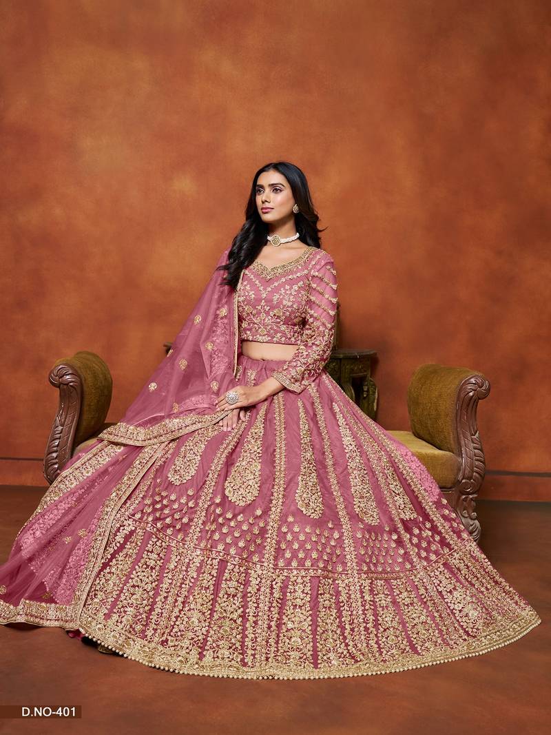 Pink Net Embroidered Semi Stitched Lehenga Choli Size Up To 42
