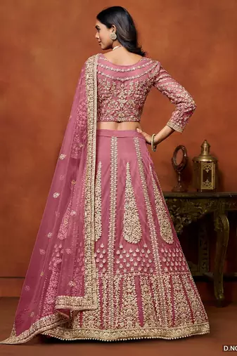 Pink Net Embroidered Semi Stitched Lehenga Choli Size Up To 42