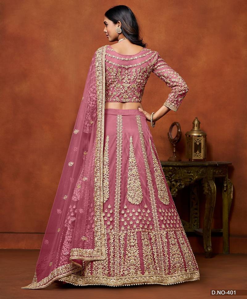 Pink Net Embroidered Semi Stitched Lehenga Choli Size Up To 42
