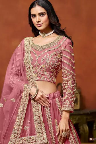 Pink Net Embroidered Semi Stitched Lehenga Choli Size Up To 42