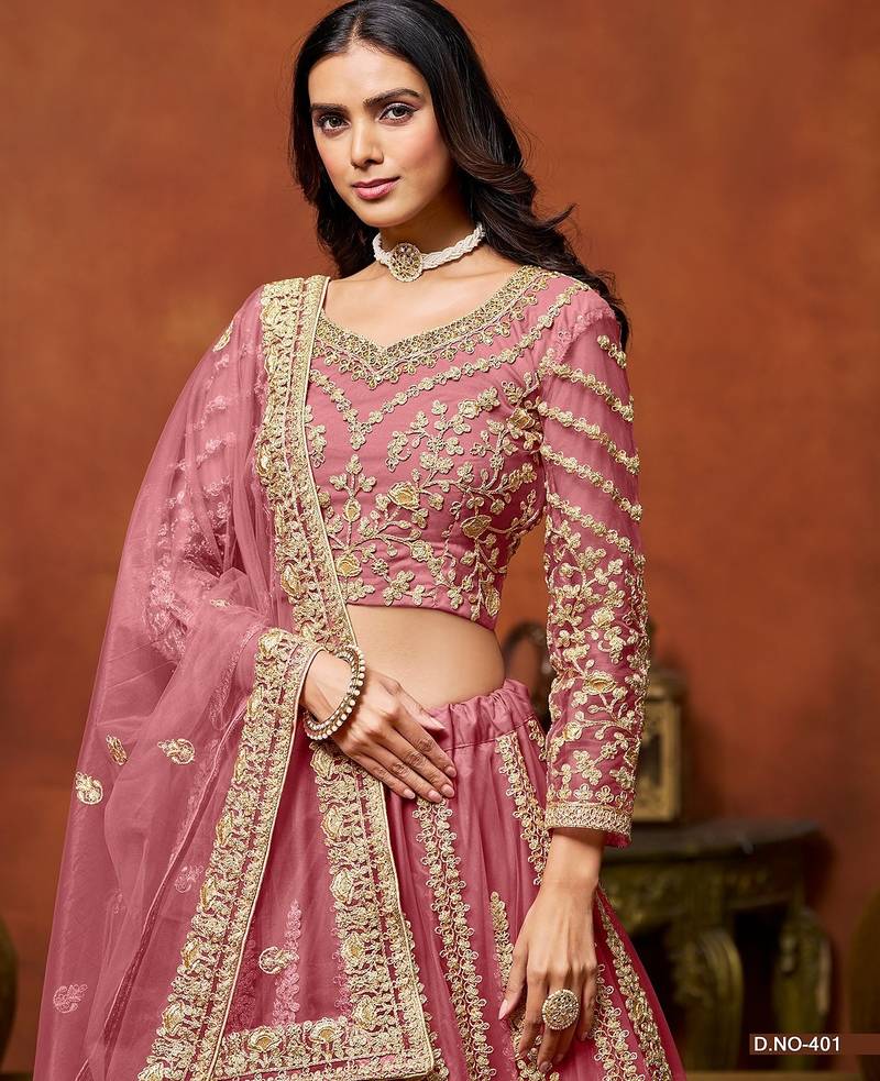 Pink Net Embroidered Semi Stitched Lehenga Choli Size Up To 42