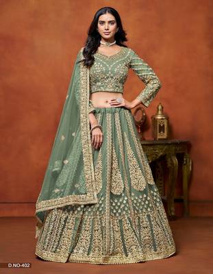 Green Net Embroidered Semi Stitched Lehenga Choli Size Up To 42 1